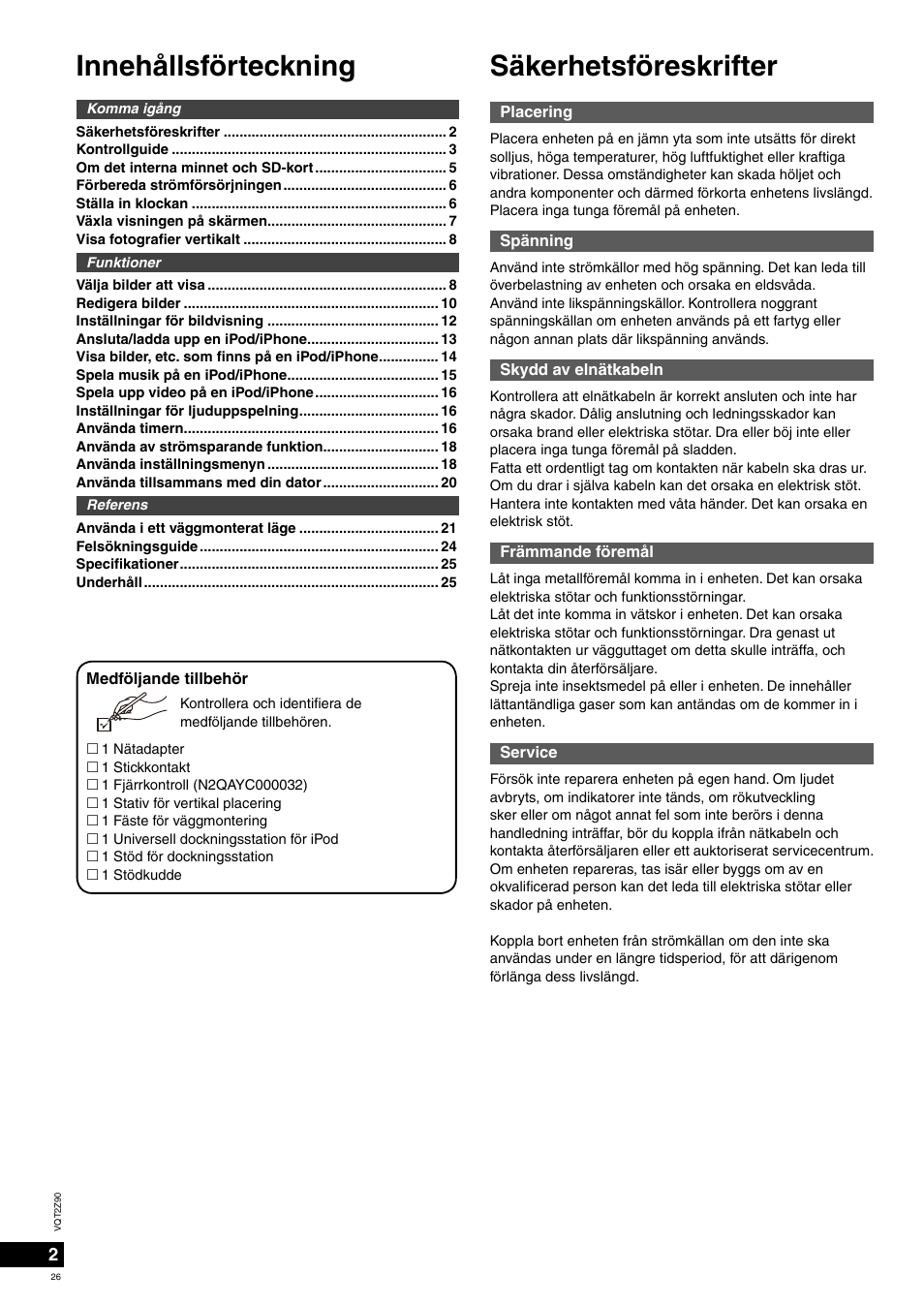 Innehållsförteckning, Säkerhetsföreskrifter | Panasonic MW20EG User Manual | Page 26 / 124