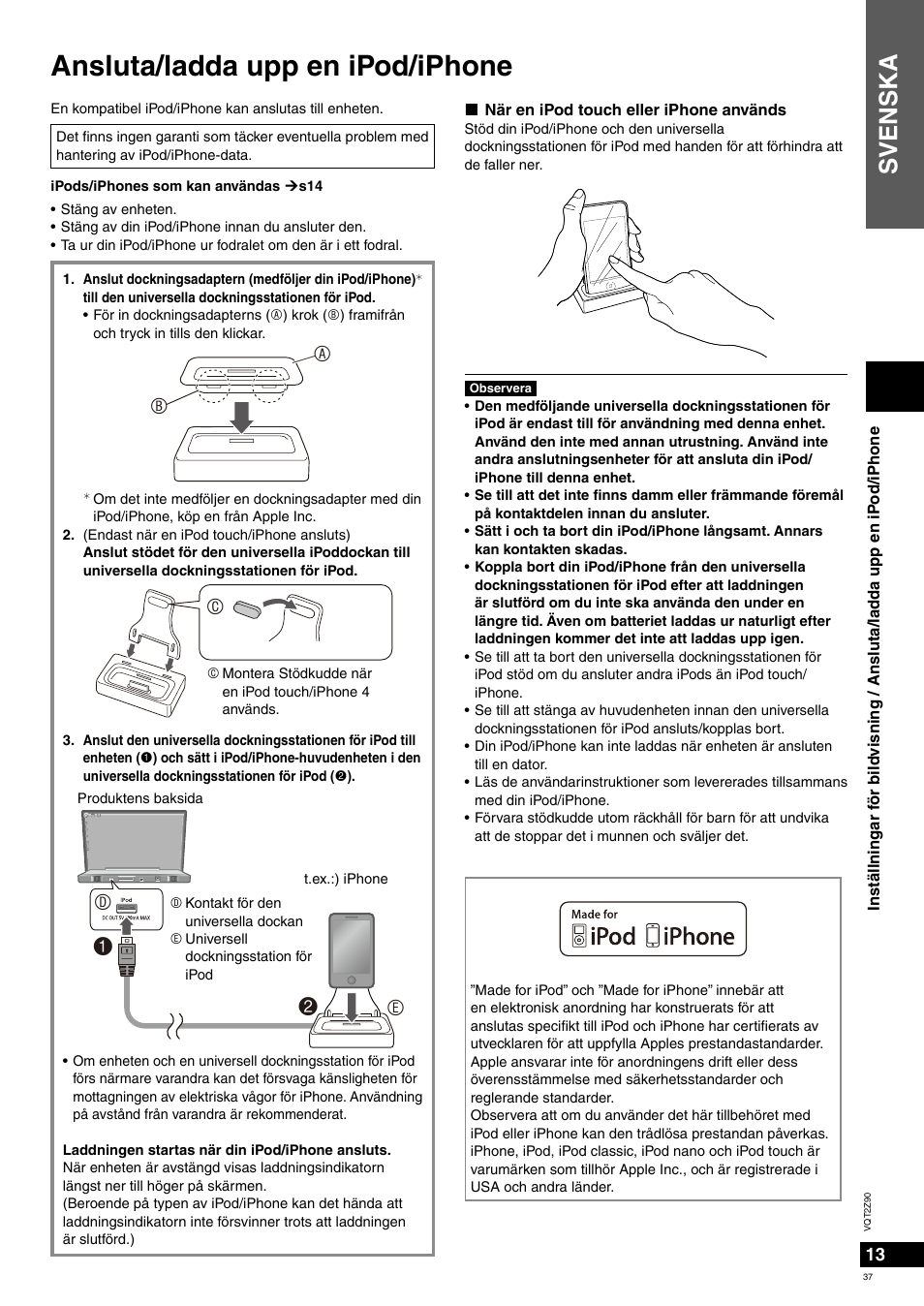 Ansluta/ladda upp en ipod/iphone, Svenska | Panasonic MW20EG User Manual | Page 37 / 124