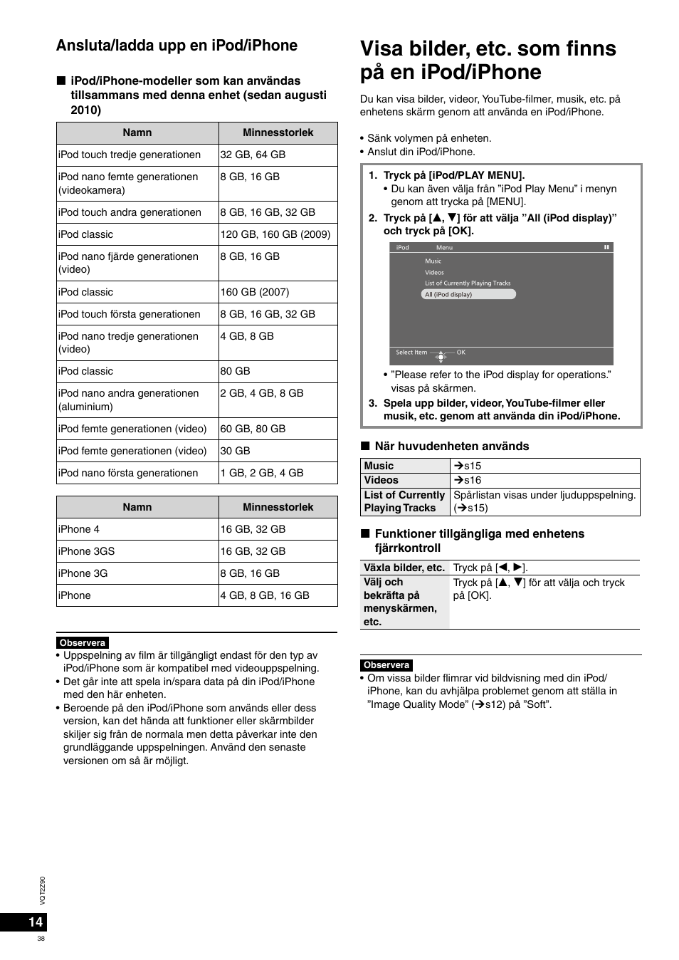 Visa bilder, etc. som fi nns på en ipod/iphone, Ansluta/ladda upp en ipod/iphone | Panasonic MW20EG User Manual | Page 38 / 124
