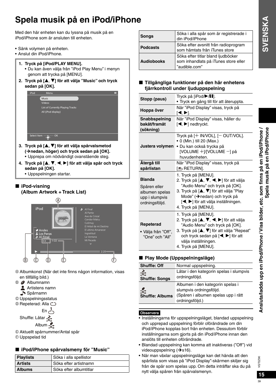Spela musik på en ipod/iphone, Svenska | Panasonic MW20EG User Manual | Page 39 / 124