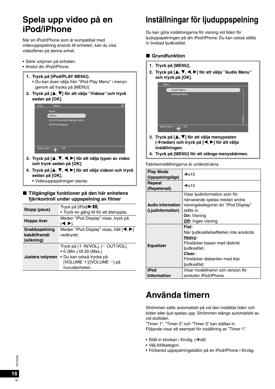 Inställningar för ljuduppspelning, Spela upp video på en ipod/iphone använda timern | Panasonic MW20EG User Manual | Page 40 / 124