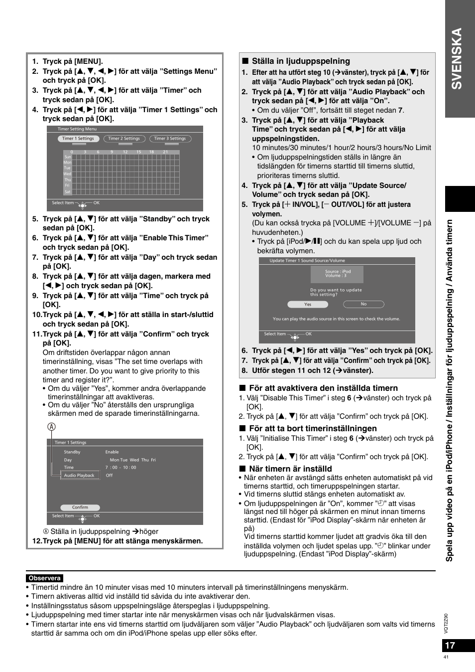 Svenska, Ställa in ljuduppspelning, För att avaktivera den inställda timern | För att ta bort timerinställningen, När timern är inställd | Panasonic MW20EG User Manual | Page 41 / 124