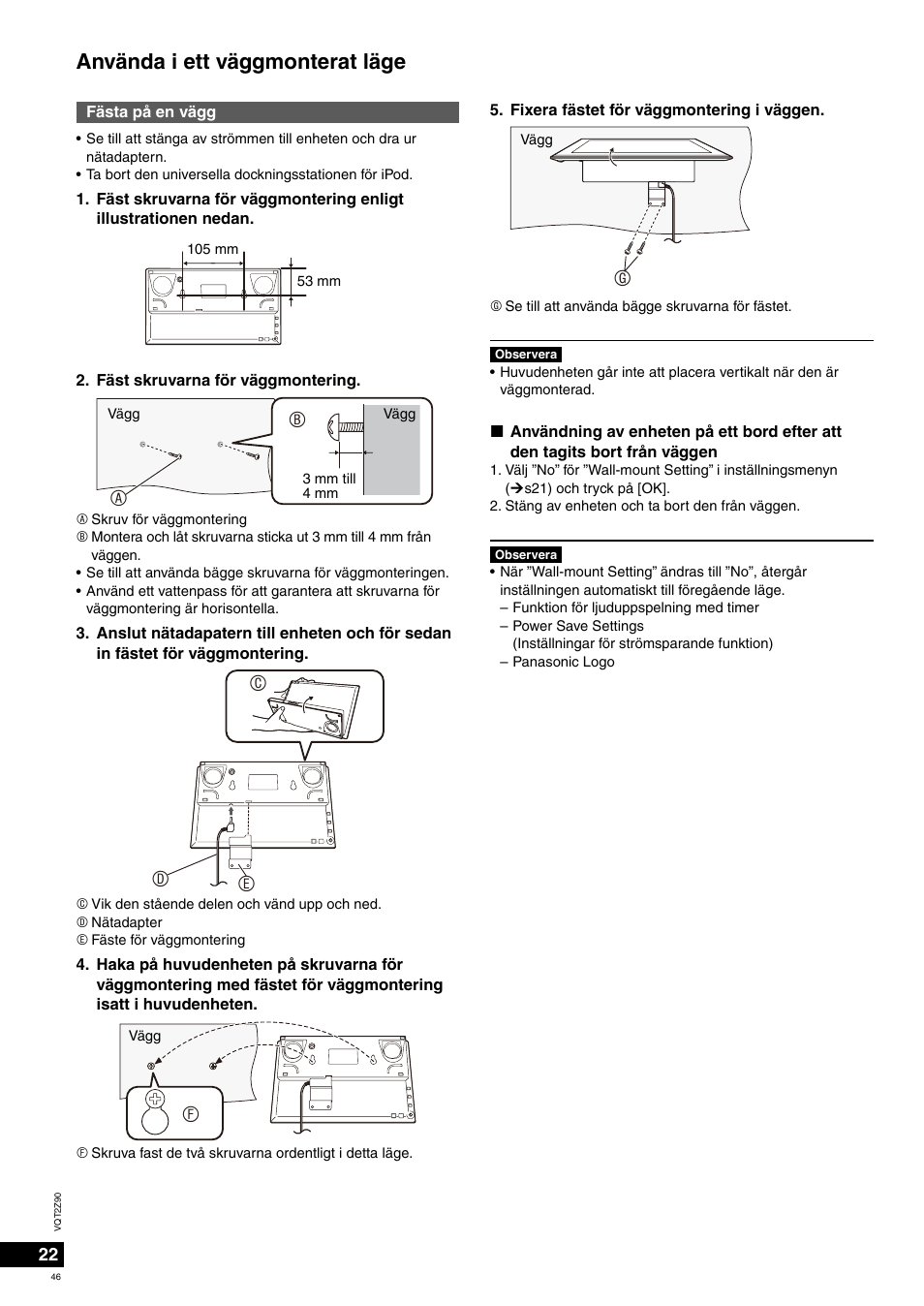 Använda i ett väggmonterat läge, Cd e | Panasonic MW20EG User Manual | Page 46 / 124