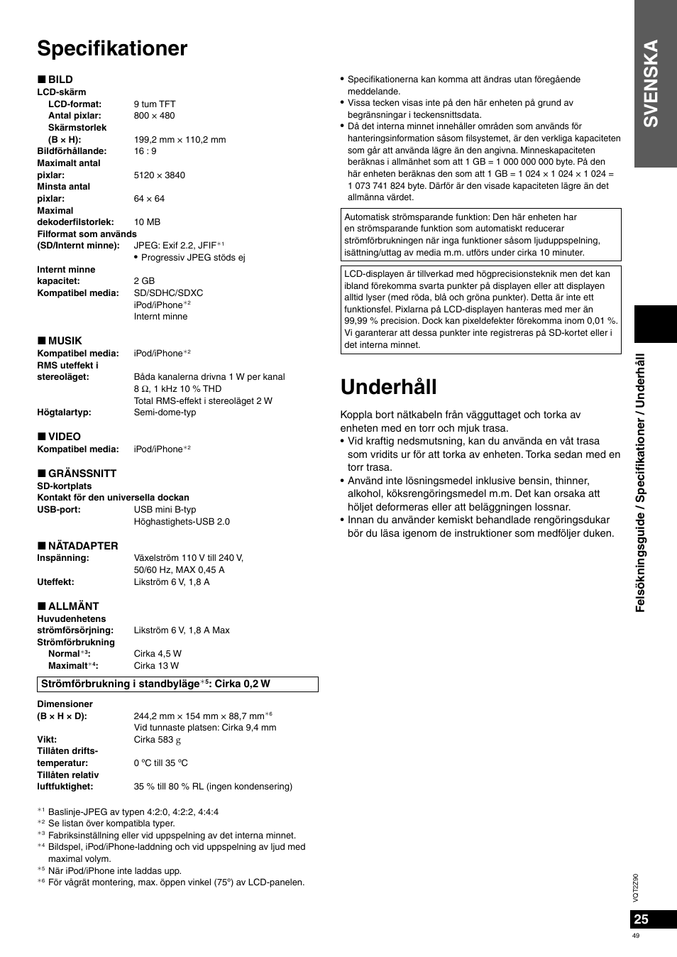 Specifi kationer, Underhåll, Svenska | Felsökningsguide / speci fi kationer / underhåll | Panasonic MW20EG User Manual | Page 49 / 124