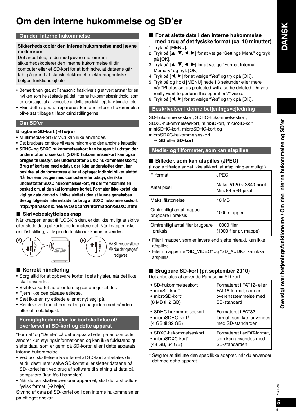 Om den interne hukommelse og sd’er, Dansk | Panasonic MW20EG User Manual | Page 5 / 124