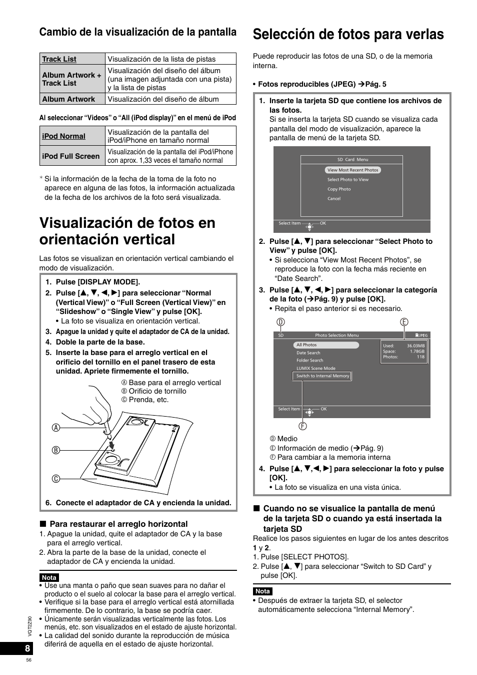 Ab c, Cambio de la visualización de la pantalla | Panasonic MW20EG User Manual | Page 56 / 124