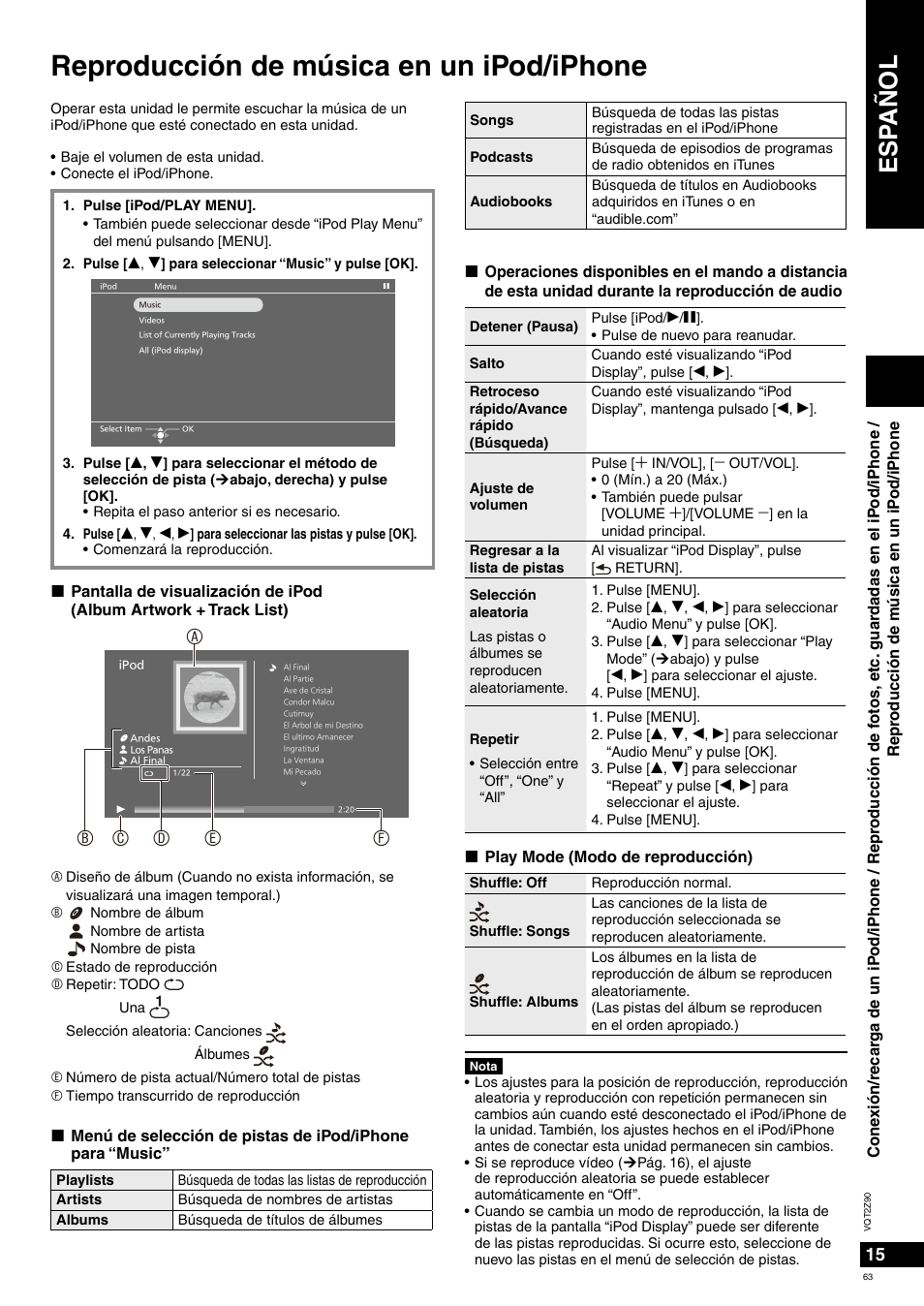 Reproducción de música en un ipod/iphone, Esp añol | Panasonic MW20EG User Manual | Page 63 / 124