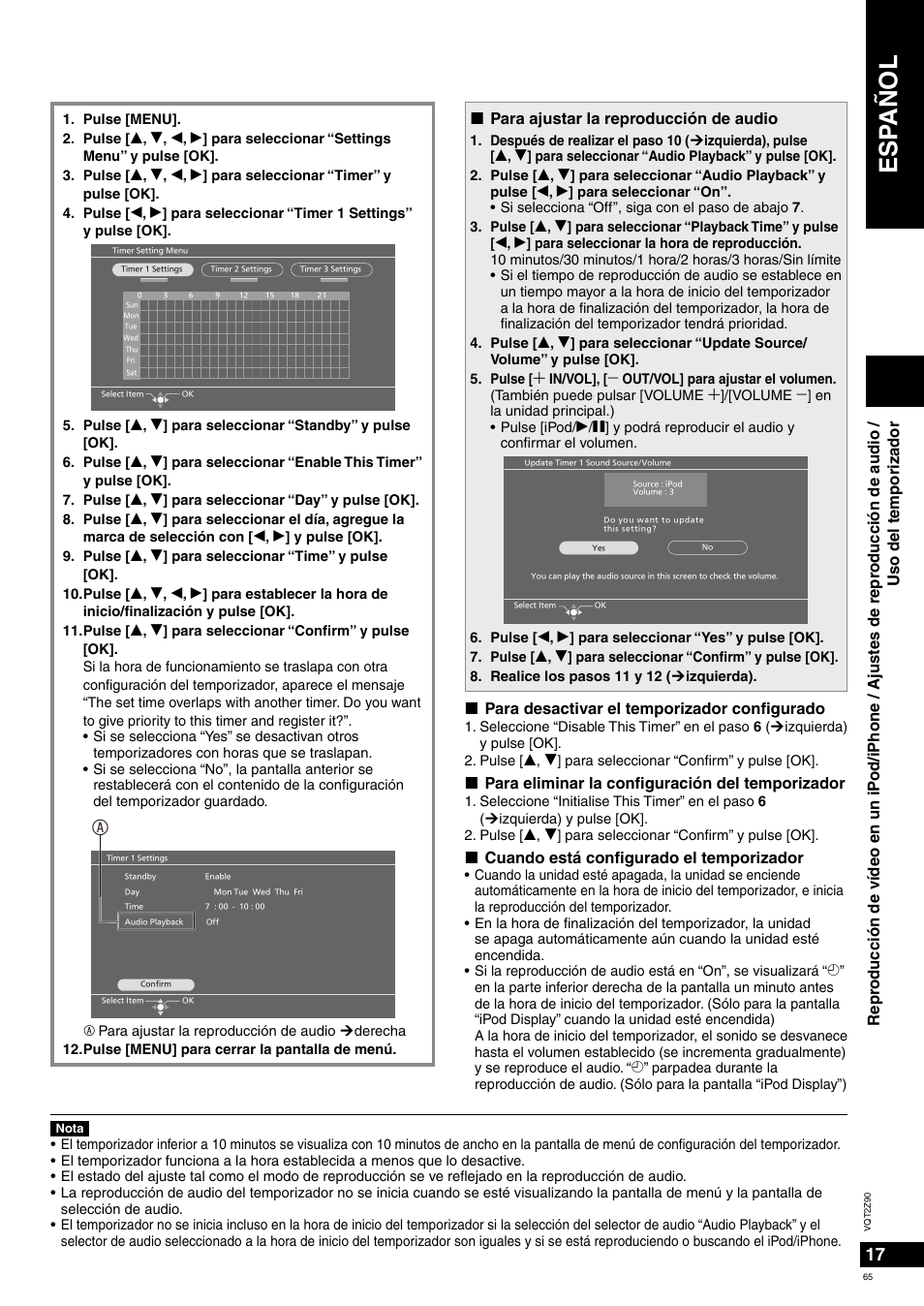 Esp añol, Para ajustar la reproducción de audio, Para desactivar el temporizador confi gurado | Para eliminar la confi guración del temporizador, Cuando está confi gurado el temporizador | Panasonic MW20EG User Manual | Page 65 / 124
