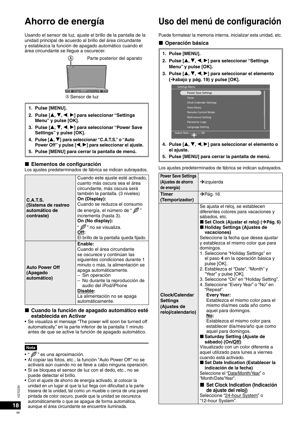 Ahorro de energía uso del menú de confi guración | Panasonic MW20EG User Manual | Page 66 / 124