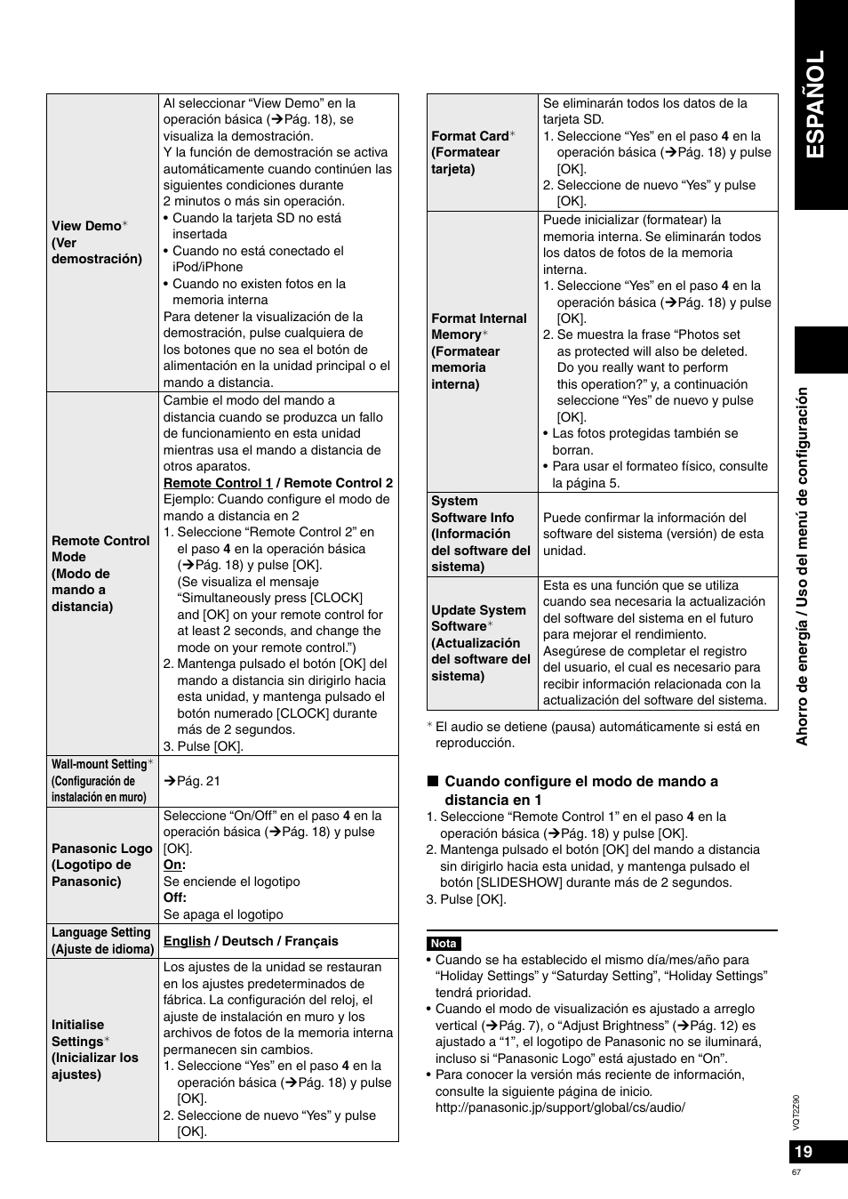 Esp añol | Panasonic MW20EG User Manual | Page 67 / 124