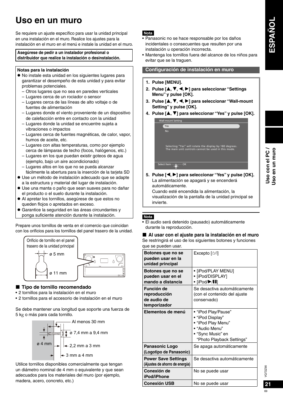 Uso en un muro, Esp añol | Panasonic MW20EG User Manual | Page 69 / 124