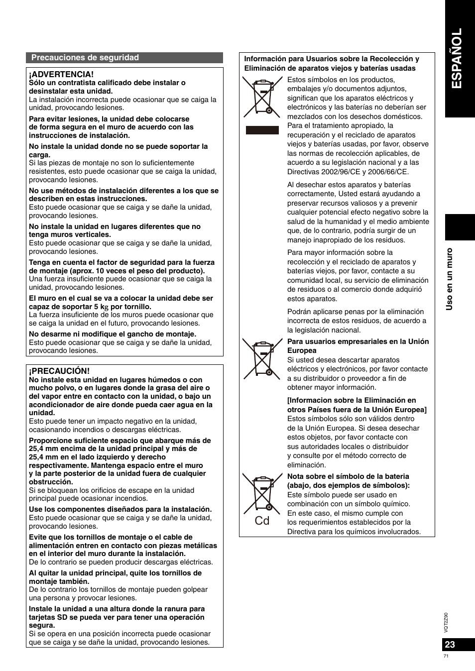 Esp añol | Panasonic MW20EG User Manual | Page 71 / 124