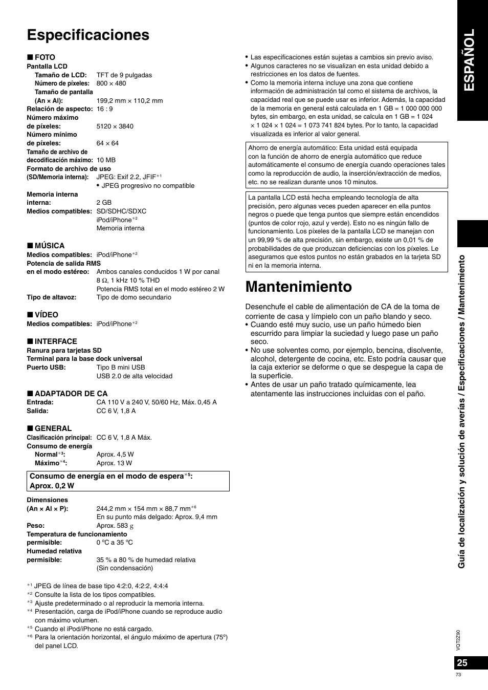 Especifi caciones, Mantenimiento, Esp añol | Panasonic MW20EG User Manual | Page 73 / 124