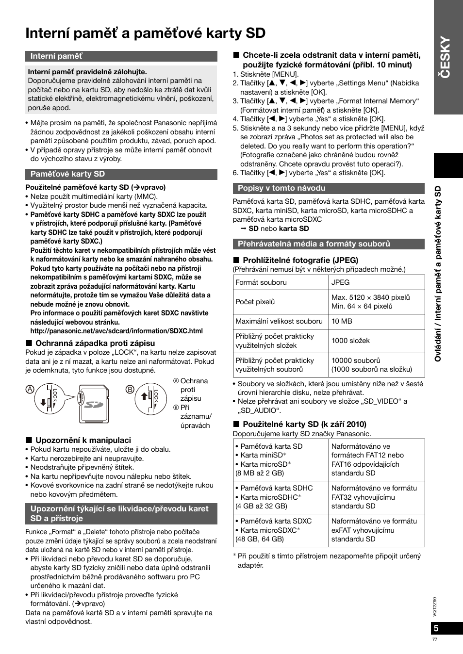 Interní pamìť a pamìťové karty sd, Èesky | Panasonic MW20EG User Manual | Page 77 / 124