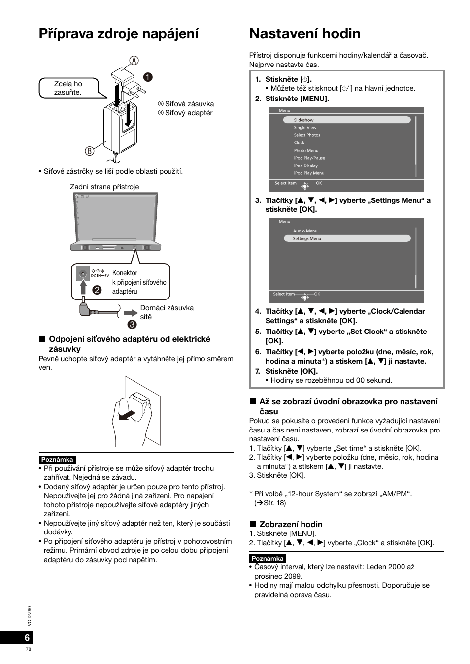 Nastavení hodin, Pøíprava zdroje napájení, 1a b | Panasonic MW20EG User Manual | Page 78 / 124