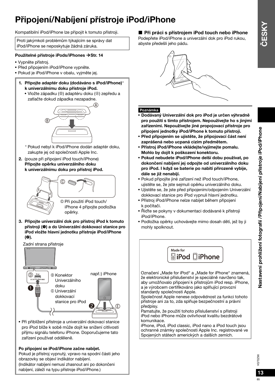 Pøipojení/nabíjení pøístroje ipod/iphone, Èesky | Panasonic MW20EG User Manual | Page 85 / 124