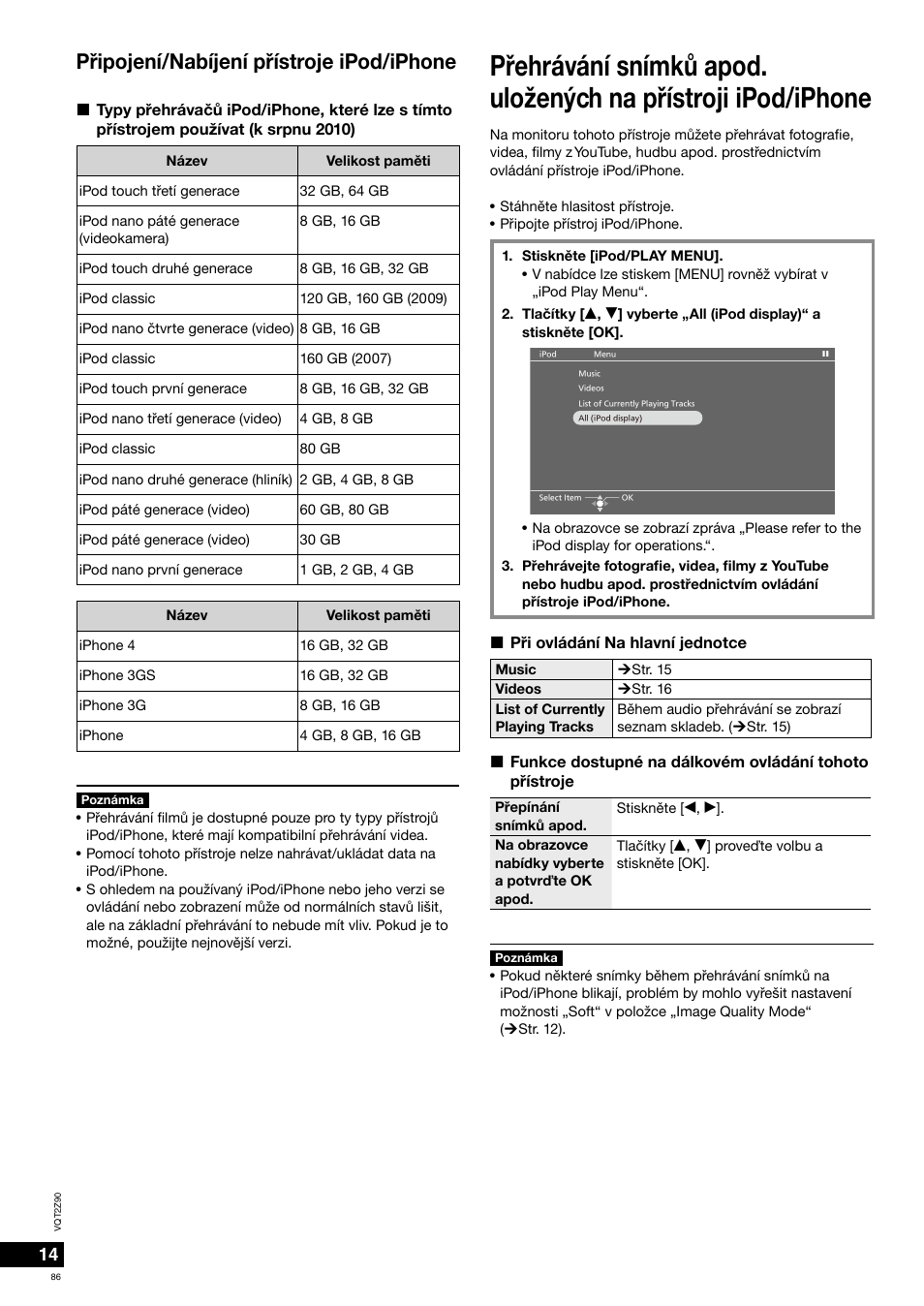 Pøipojení/nabíjení pøístroje ipod/iphone | Panasonic MW20EG User Manual | Page 86 / 124
