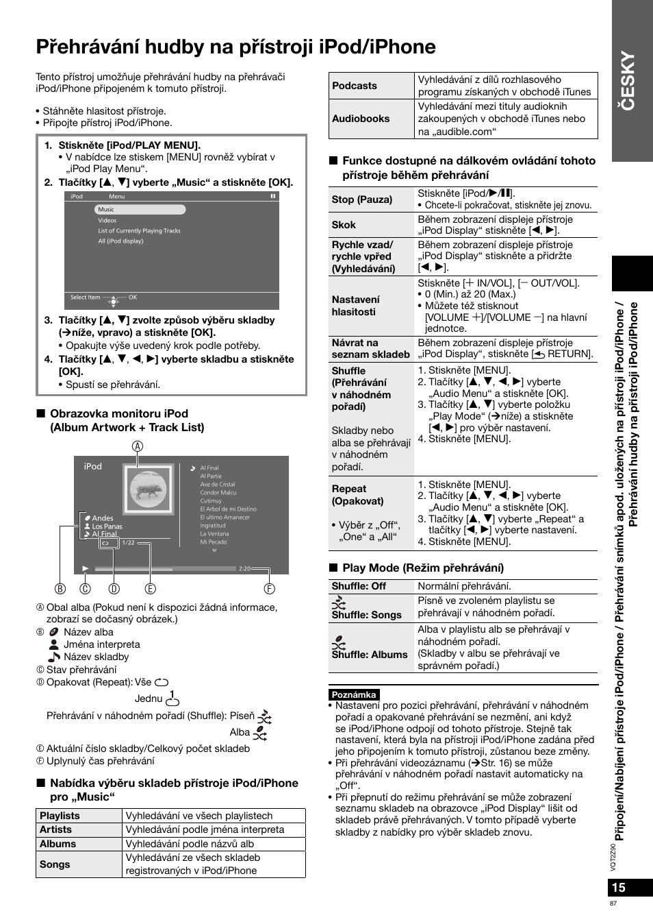 Pøehrávání hudby na pøístroji ipod/iphone, Èesky | Panasonic MW20EG User Manual | Page 87 / 124