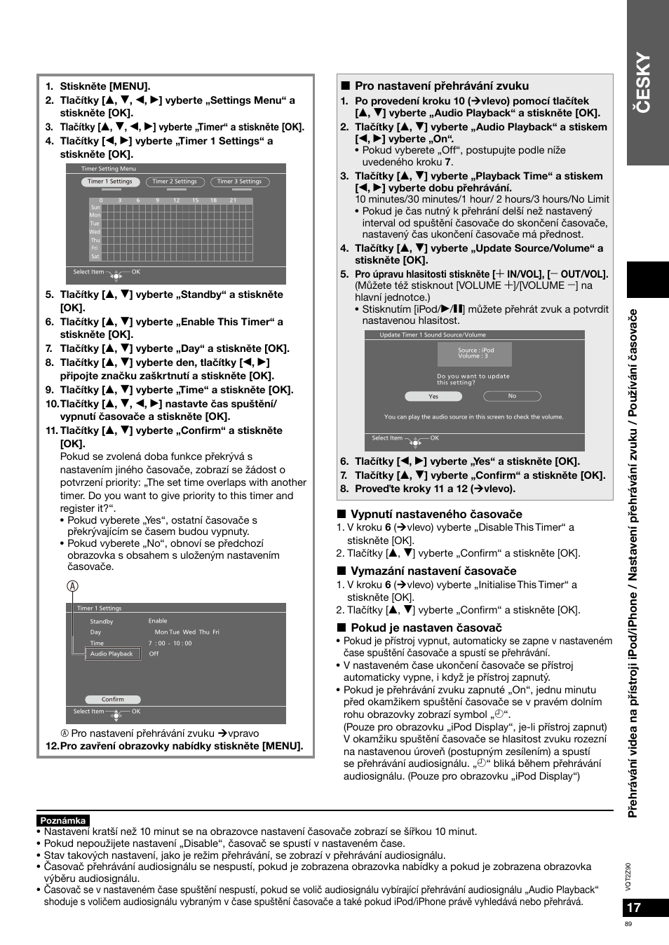 Èesky, Pro nastavení pøehrávání zvuku, Vypnutí nastaveného èasovaèe | Vymazání nastavení èasovaèe, Pokud je nastaven èasovaè | Panasonic MW20EG User Manual | Page 89 / 124