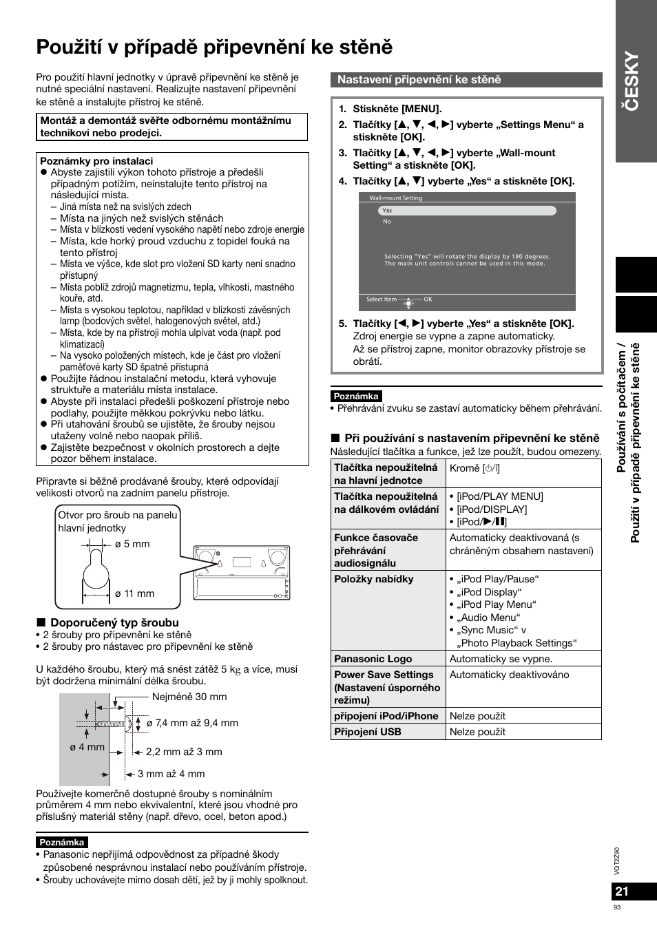 Použití v pøípadì pøipevnìní ke stìnì, Èesky | Panasonic MW20EG User Manual | Page 93 / 124