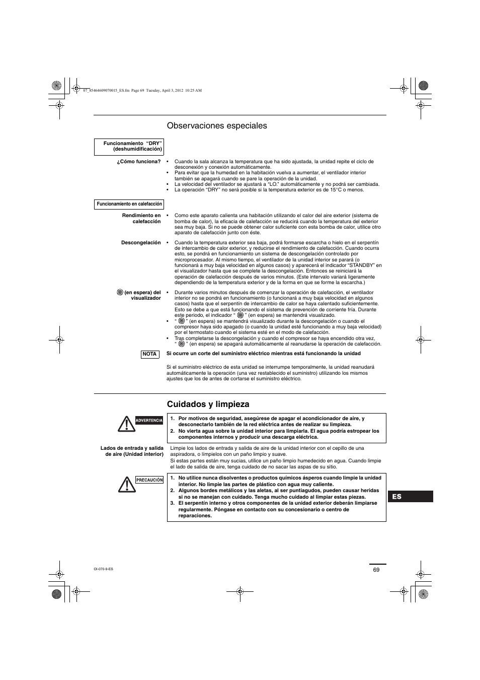 Observaciones especiales cuidados y limpieza | Panasonic S224ME1E5 User Manual | Page 10 / 23