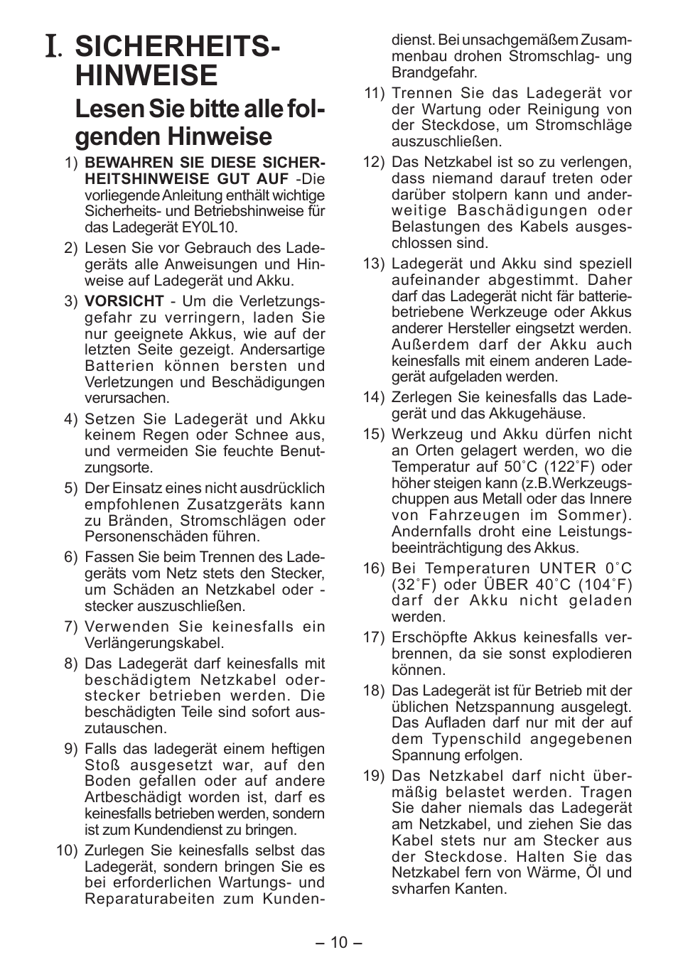 Sicherheits­ hinweise, Lesen sie bitte alle fol­ genden hinweise | Panasonic EY0L10 User Manual | Page 10 / 72