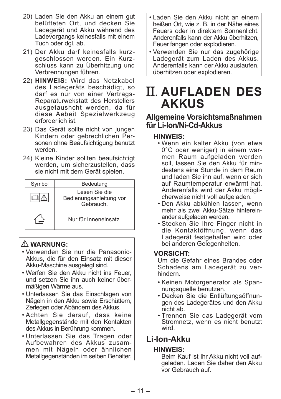 Aufladen des akkus, Li­ion­akku | Panasonic EY0L10 User Manual | Page 11 / 72
