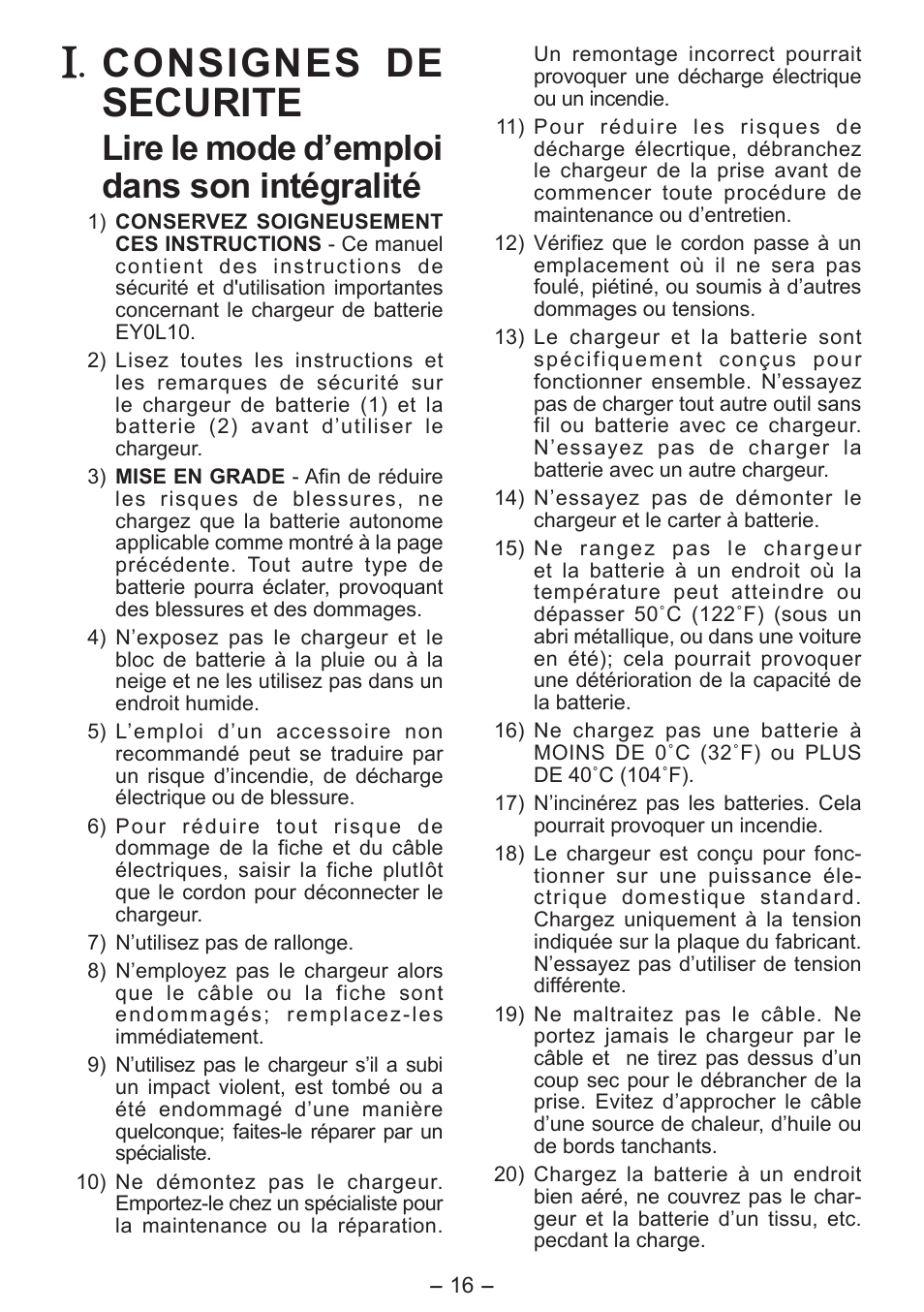 Consignes de securite, Lire le mode d’emploi dans son intégralité | Panasonic EY0L10 User Manual | Page 16 / 72