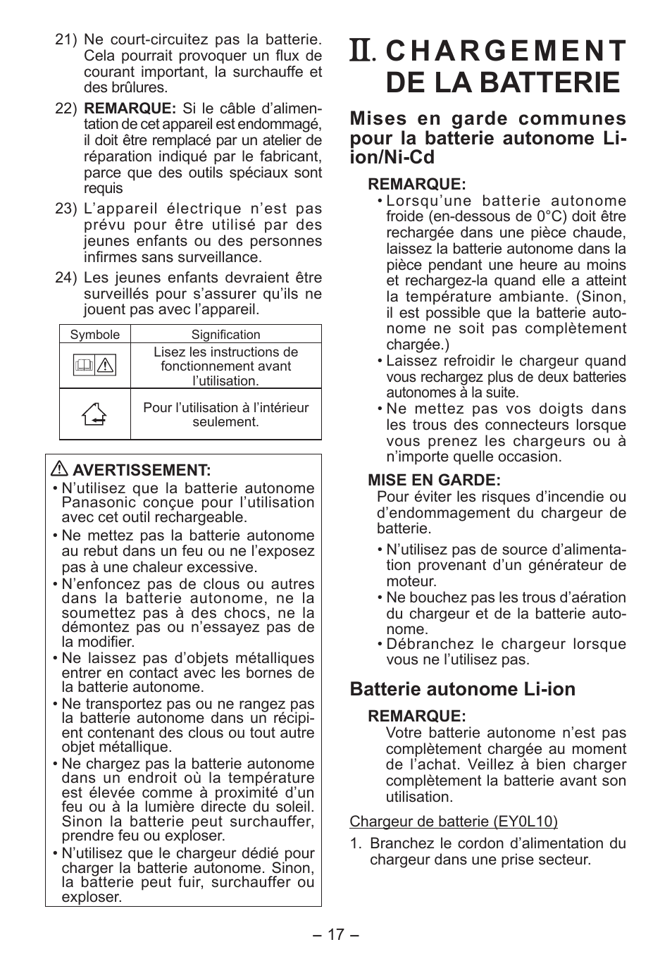 Chargement de la batterie, Batterie autonome li­ion | Panasonic EY0L10 User Manual | Page 17 / 72