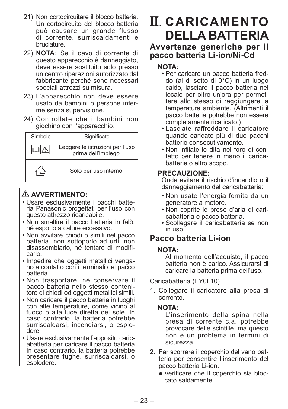Caricamento della batteria, Pacco batteria li­ion | Panasonic EY0L10 User Manual | Page 23 / 72