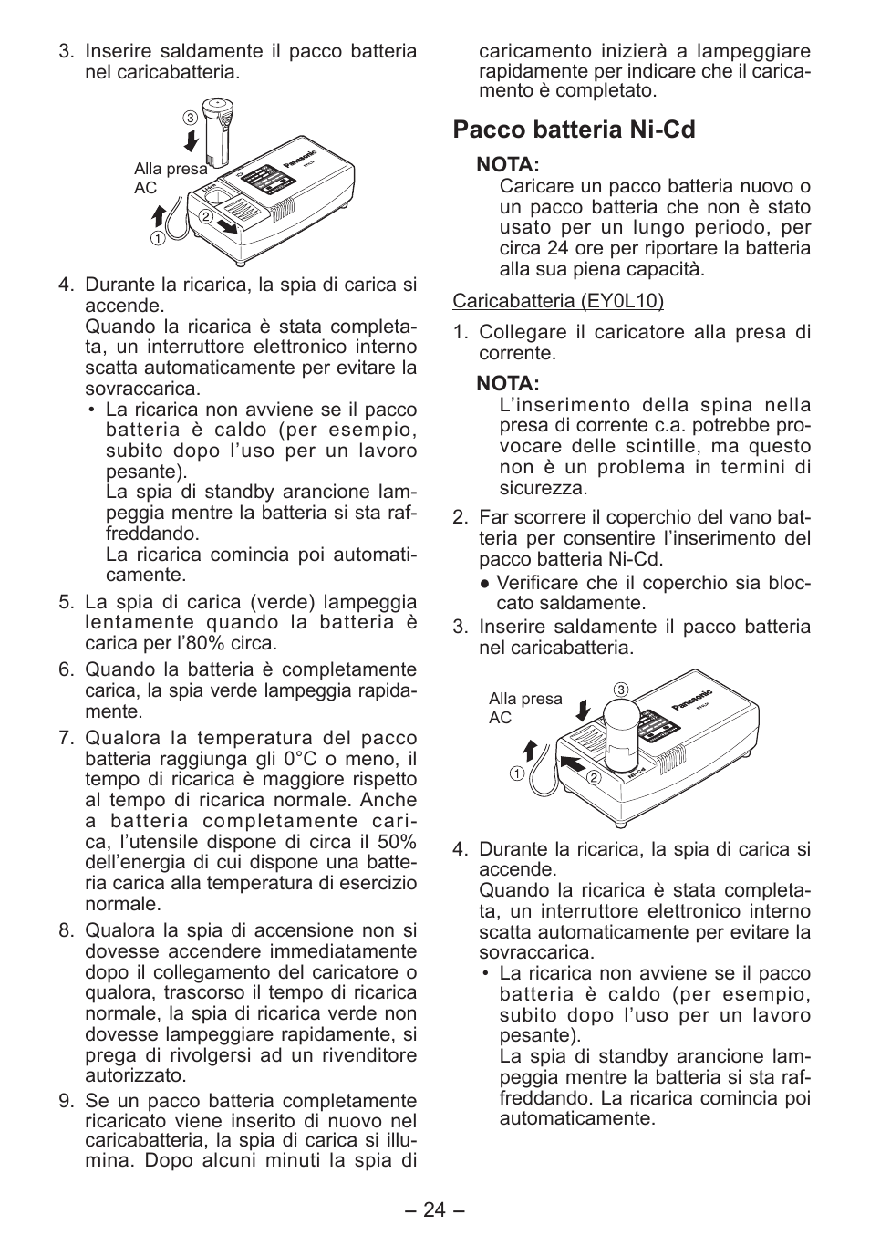 Pacco batteria ni­cd | Panasonic EY0L10 User Manual | Page 24 / 72