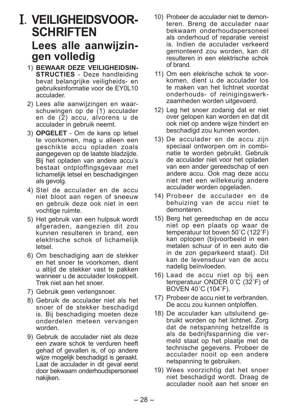 Veiligheidsvoor­ schriften, Lees alle aanwijzin­ gen volledig | Panasonic EY0L10 User Manual | Page 28 / 72
