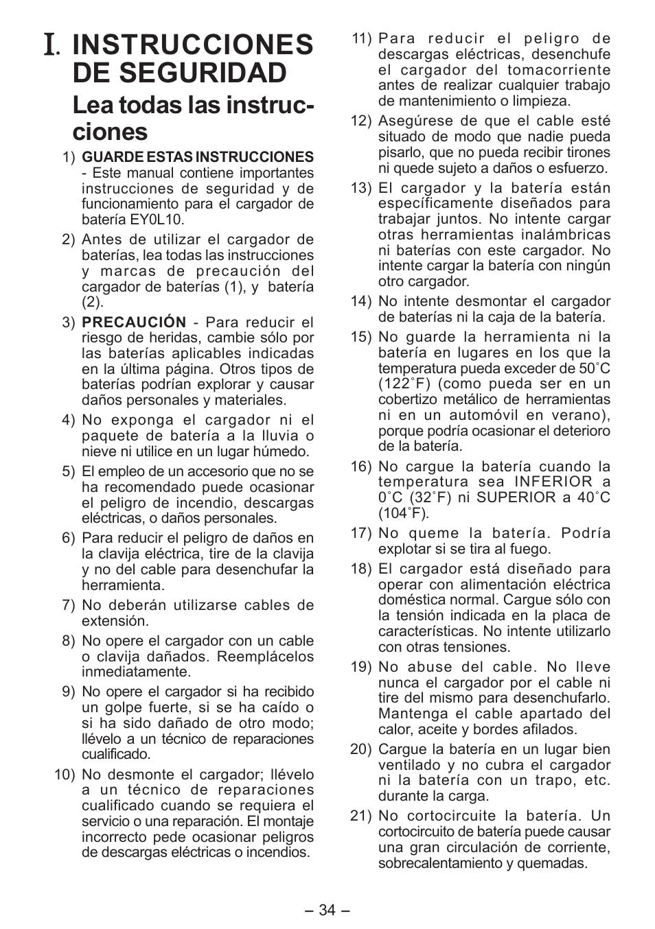 Instrucciones de seguridad, Lea todas las instruc­ ciones | Panasonic EY0L10 User Manual | Page 34 / 72