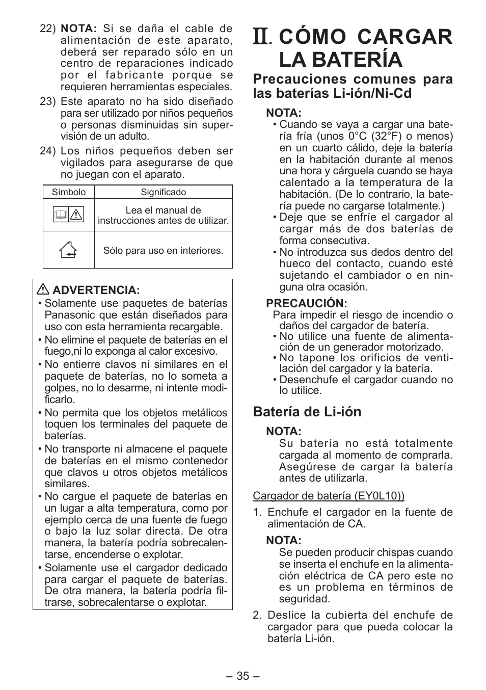 Cómo cargar la batería, Batería de li­ión | Panasonic EY0L10 User Manual | Page 35 / 72
