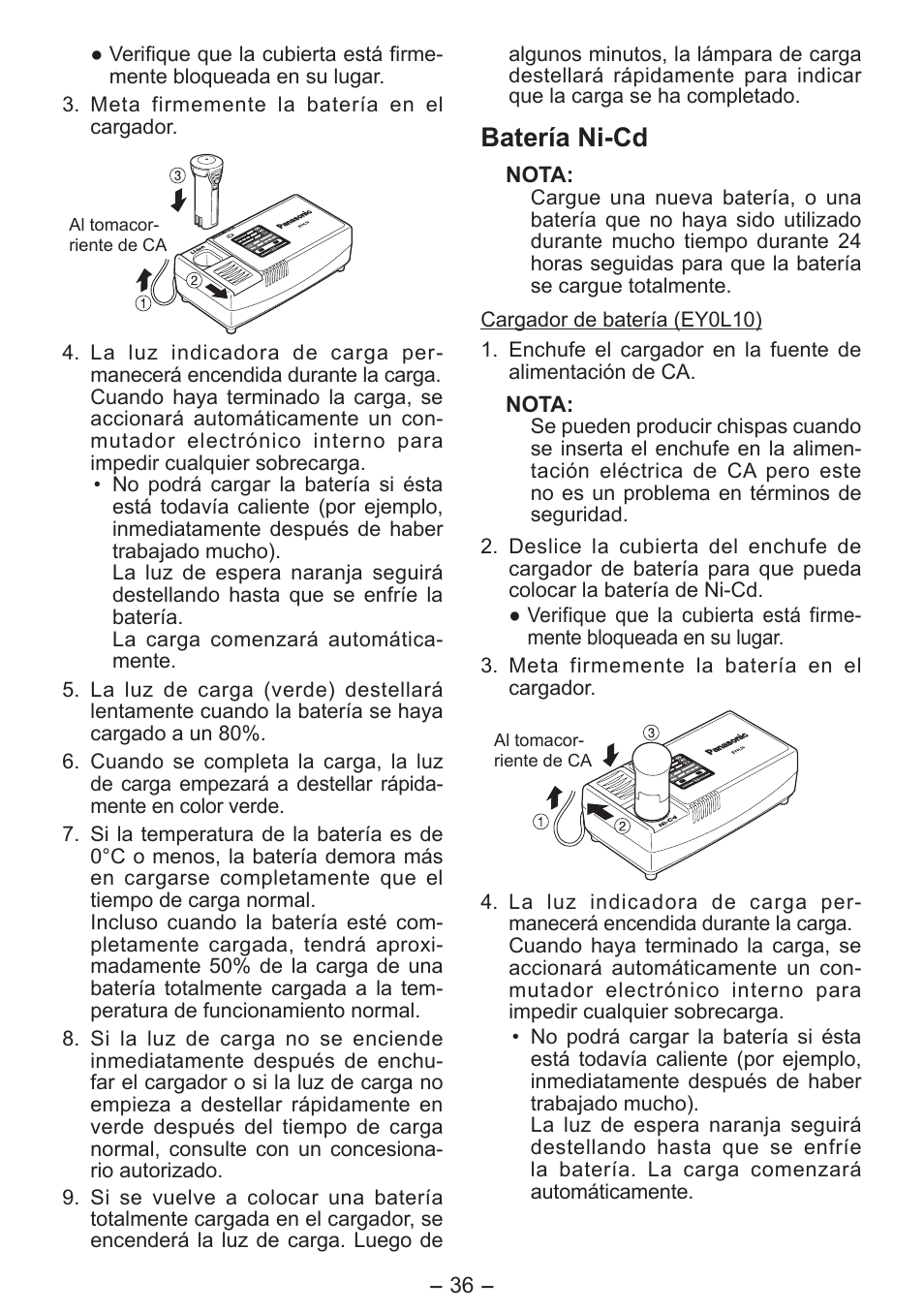 Batería ni­cd | Panasonic EY0L10 User Manual | Page 36 / 72