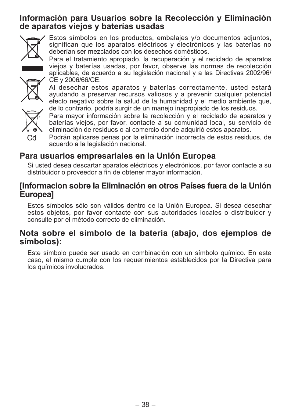Para usuarios empresariales en la unión europea | Panasonic EY0L10 User Manual | Page 38 / 72