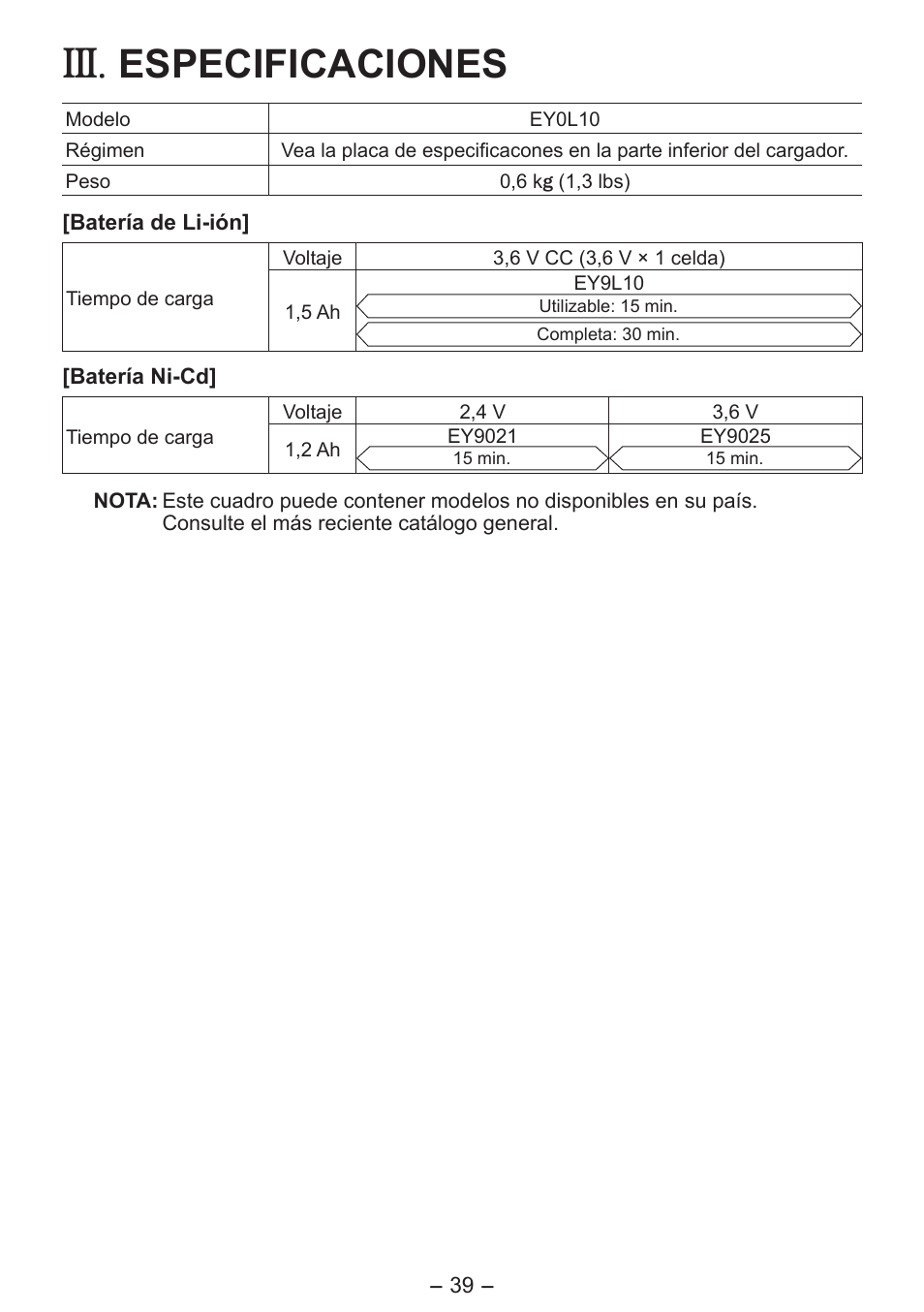 Especificaciones | Panasonic EY0L10 User Manual | Page 39 / 72