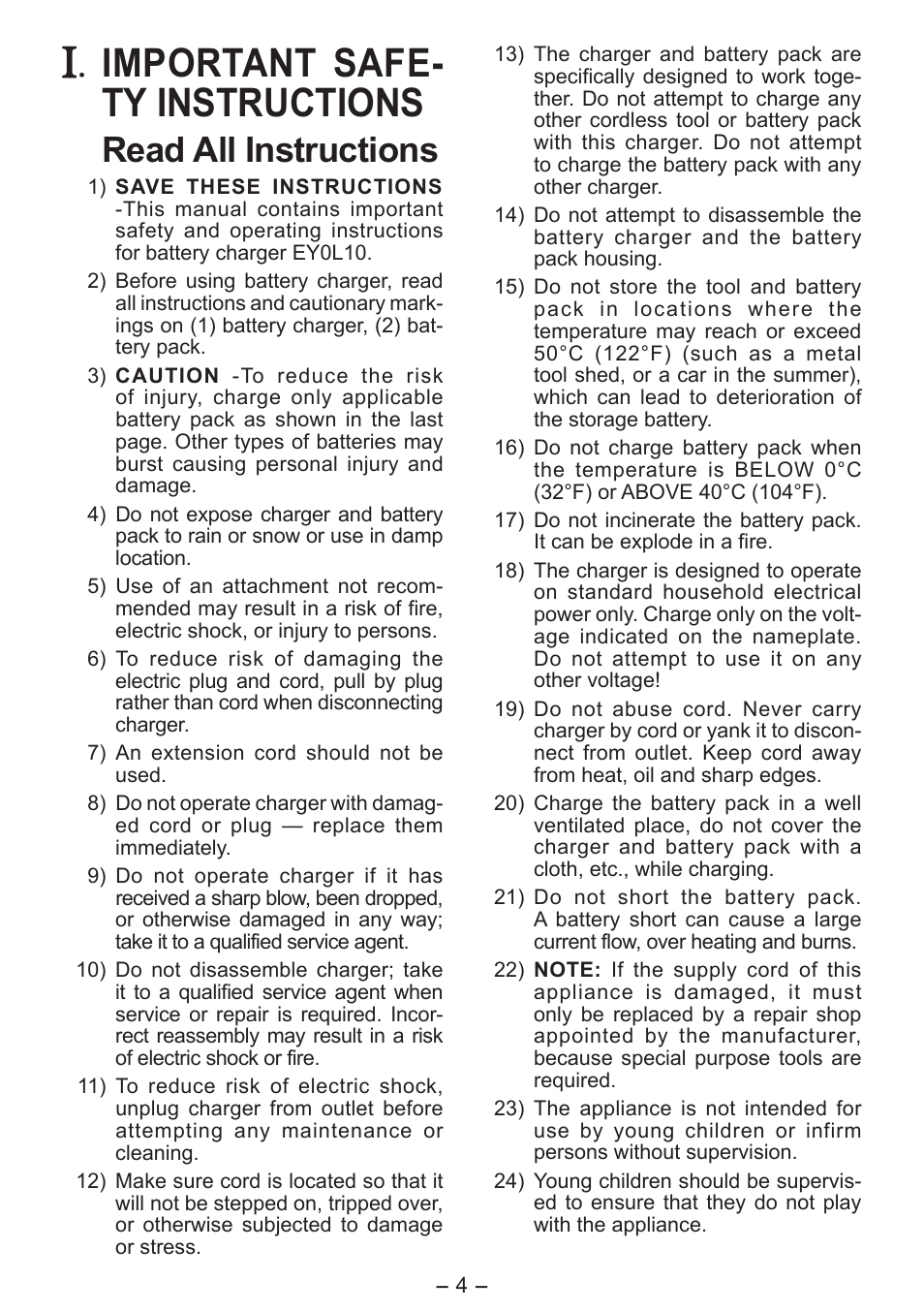 Important safe­ ty instructions, Read all instructions | Panasonic EY0L10 User Manual | Page 4 / 72