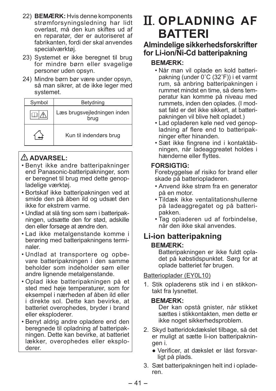 Opladning af batteri, Li­ion batteripakning | Panasonic EY0L10 User Manual | Page 41 / 72