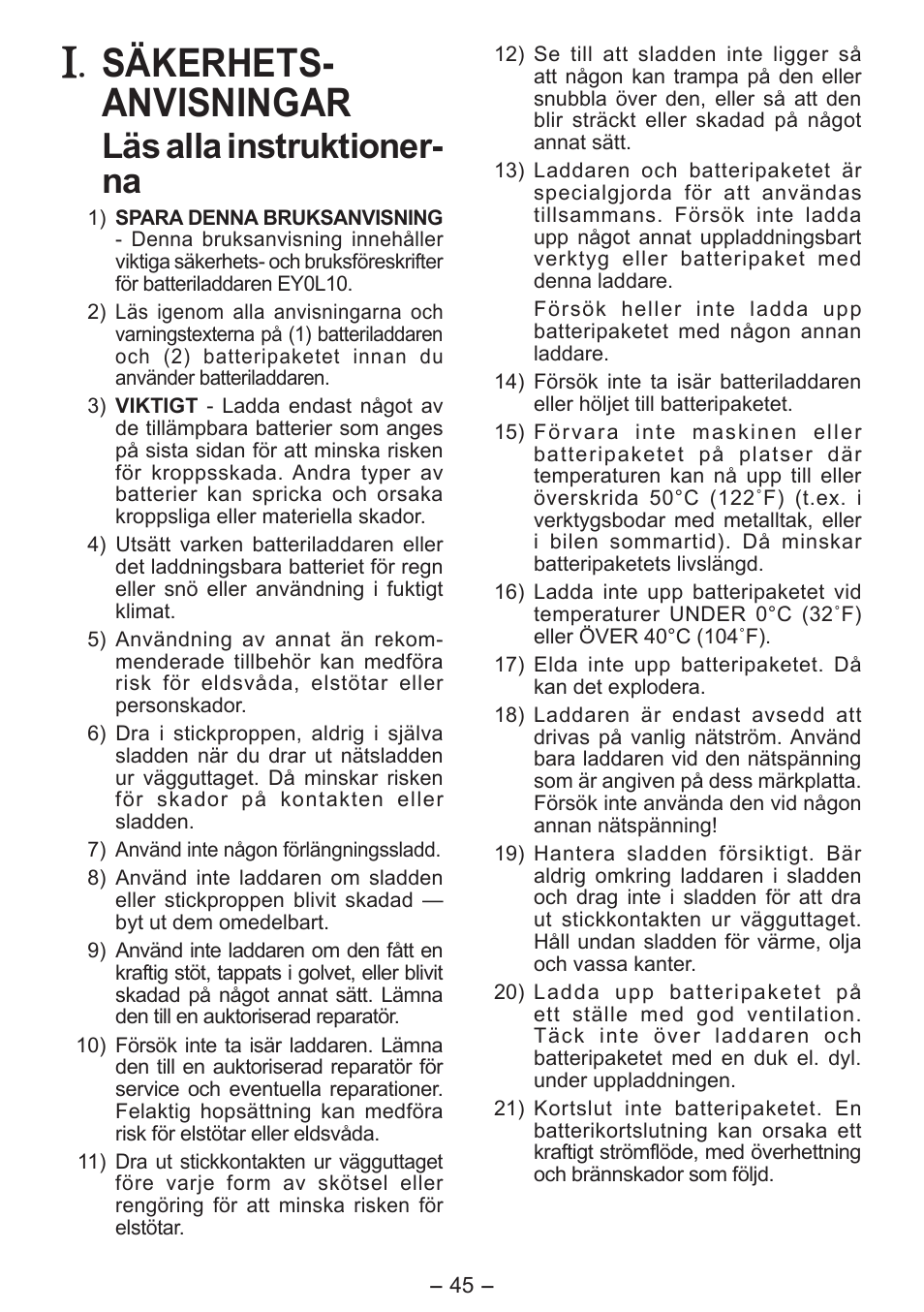 Säkerhets­ anvisningar, Läs alla instruktioner­ na | Panasonic EY0L10 User Manual | Page 45 / 72