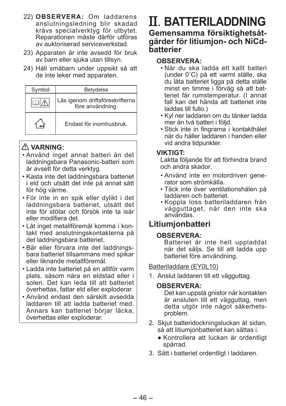 Batteriladdning, Litiumjonbatteri | Panasonic EY0L10 User Manual | Page 46 / 72