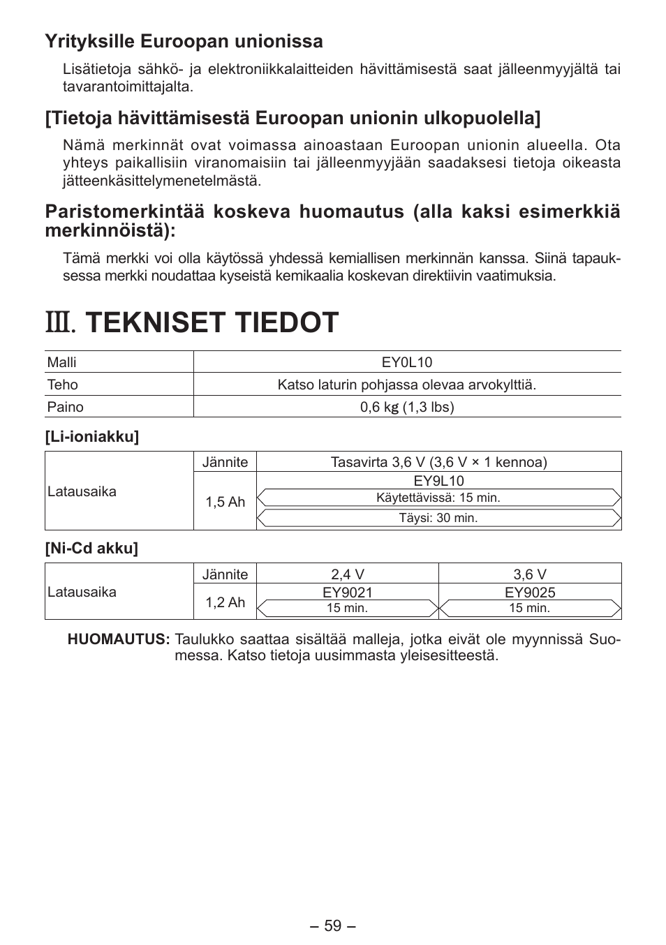 Tekniset tiedot, Yrityksille euroopan unionissa | Panasonic EY0L10 User Manual | Page 59 / 72