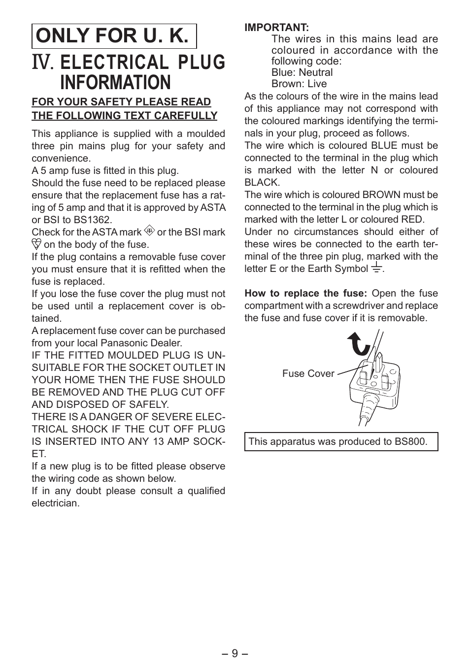 Only for u. k, Electrical plug information | Panasonic EY0L10 User Manual | Page 9 / 72