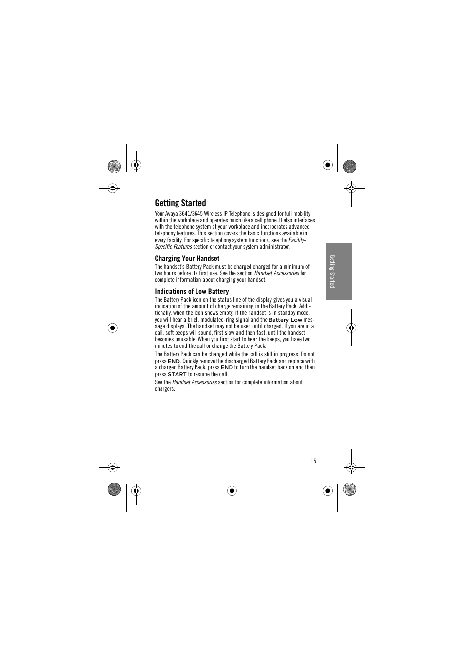 Getting started, Charging your handset, Indications of low battery | Charging your handset indications of low battery | Avaya 3641 User Manual | Page 15 / 48