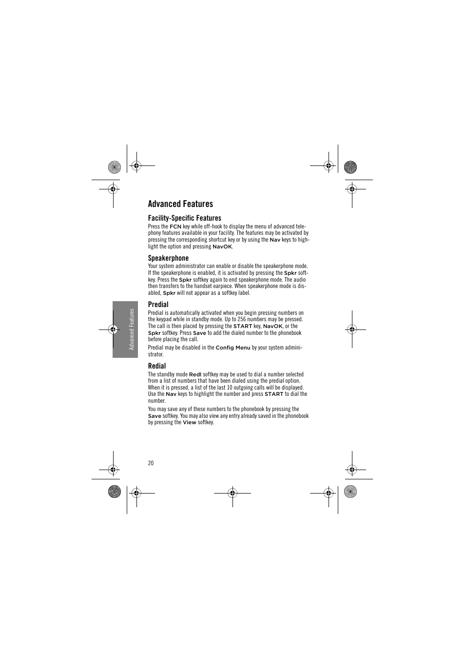 Advanced features, Facility-specific features, Speakerphone | Predial, Redial | Avaya 3641 User Manual | Page 20 / 48