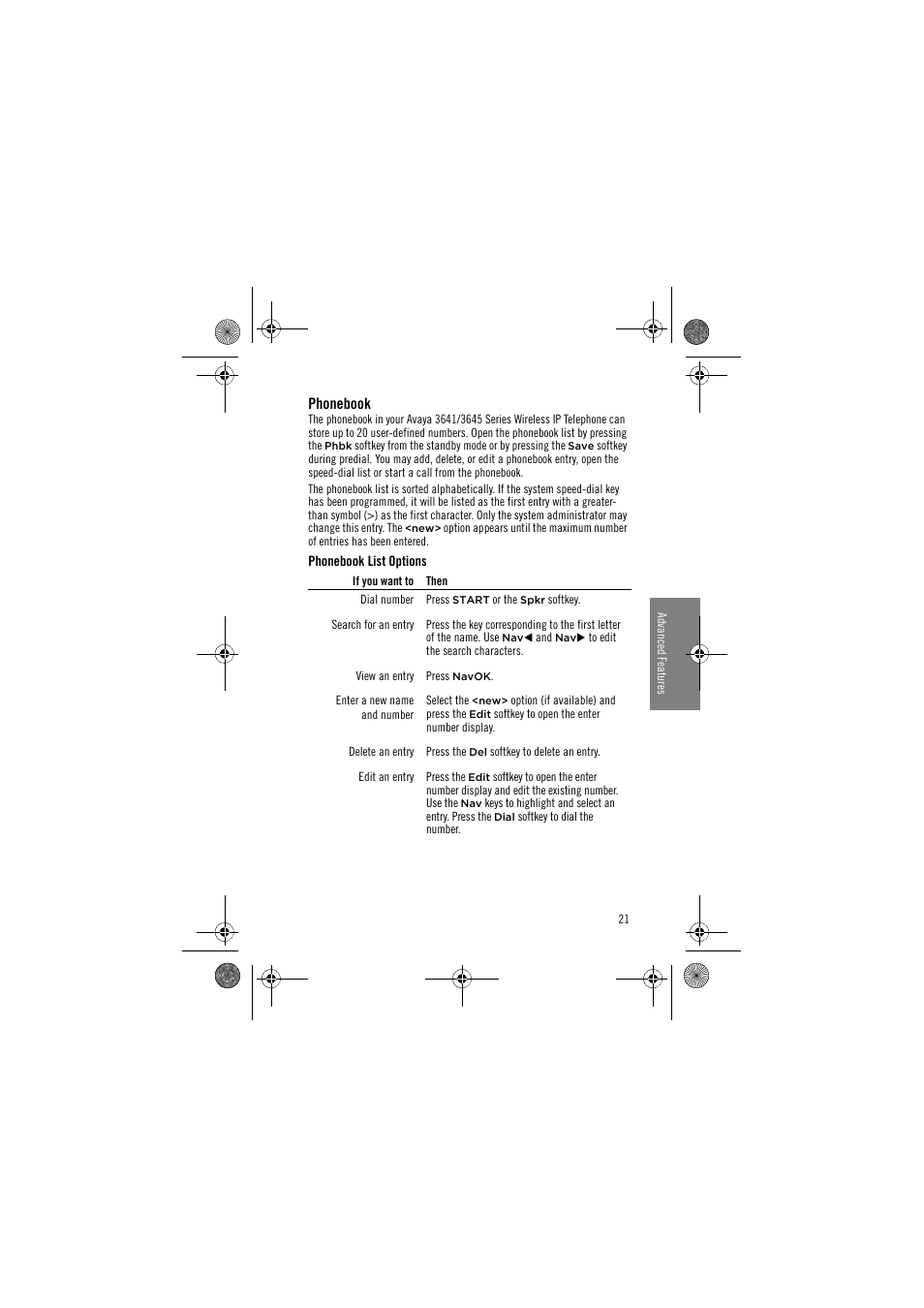 Phonebook, Phonebook list options | Avaya 3641 User Manual | Page 21 / 48