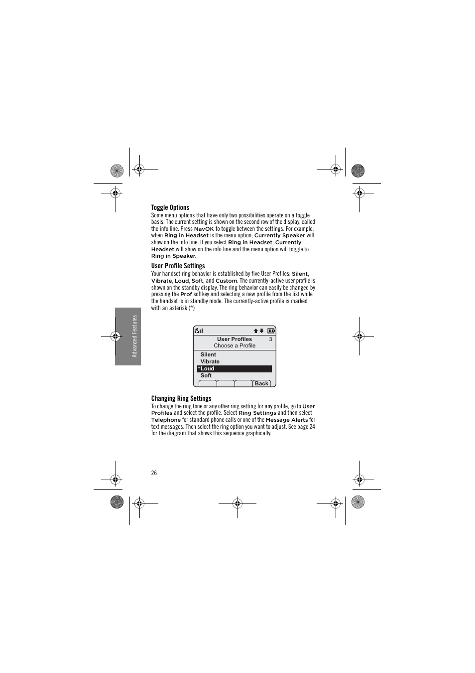 Toggle options, User profile settings, Changing ring settings | Avaya 3641 User Manual | Page 26 / 48