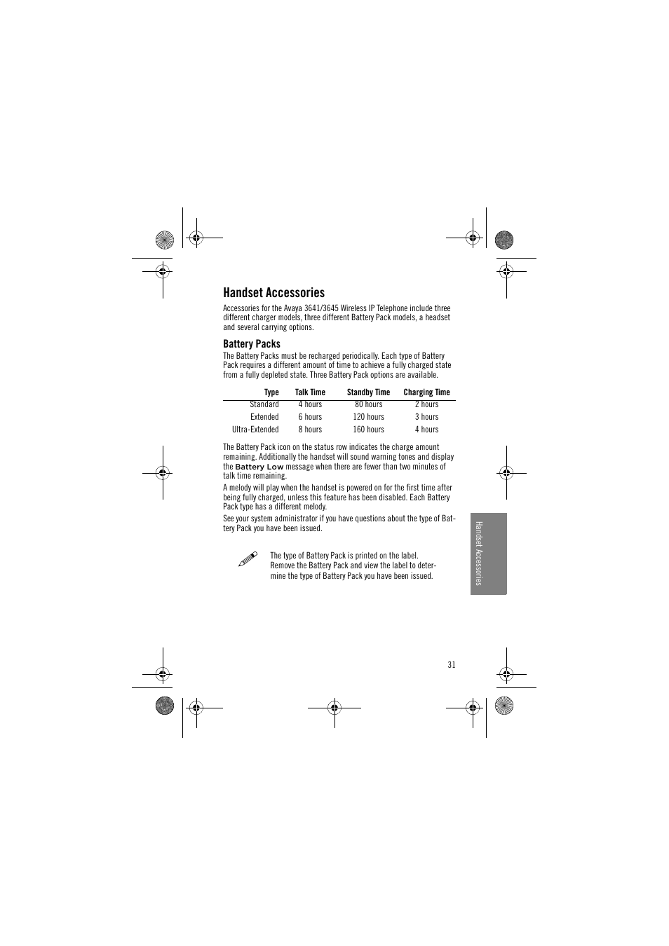 Handset accessories, Battery packs | Avaya 3641 User Manual | Page 31 / 48