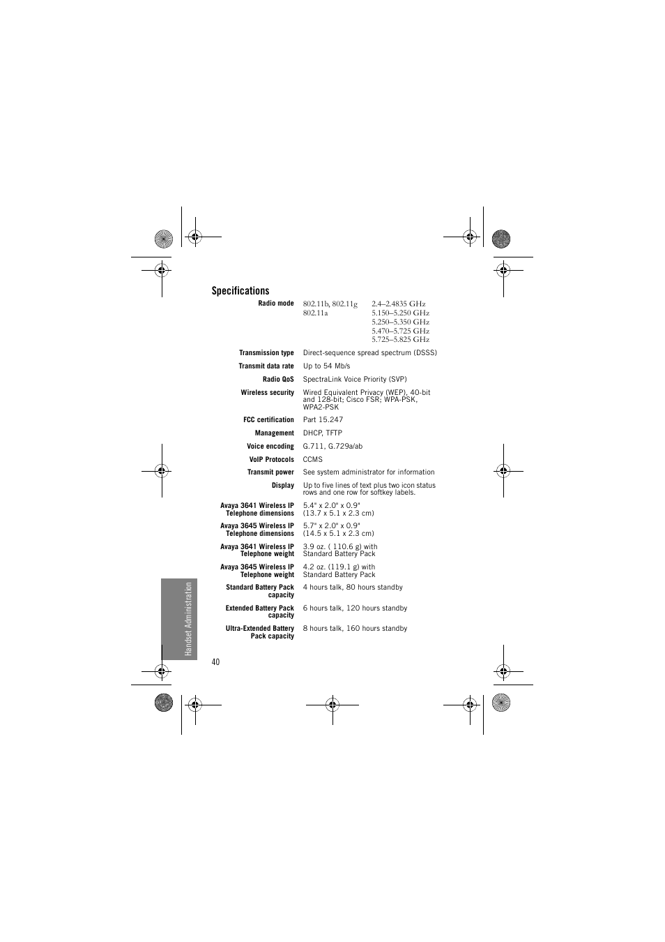 Specifications | Avaya 3641 User Manual | Page 40 / 48