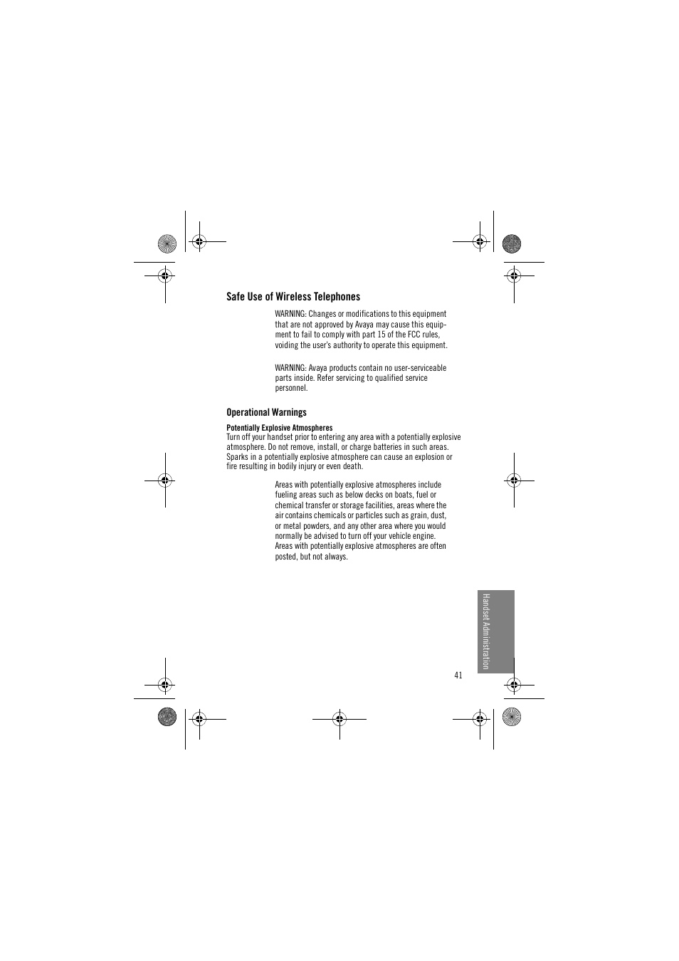 Safe use of wireless telephones, Operational warnings, Potentially explosive atmospheres | Avaya 3641 User Manual | Page 41 / 48